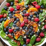 Berry Spinach Salad with Blueberries & Raspberries topped with mandarin oranges, toasted pecans, crumbled feta, and a balsamic glaze on fresh baby spinach.