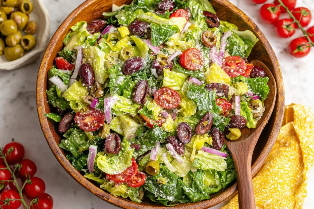 Big Classic Italian Salad in a wooden bowl with romaine, cherry tomatoes, kalamata olives, red onion, pepperoncini, and parmesan.