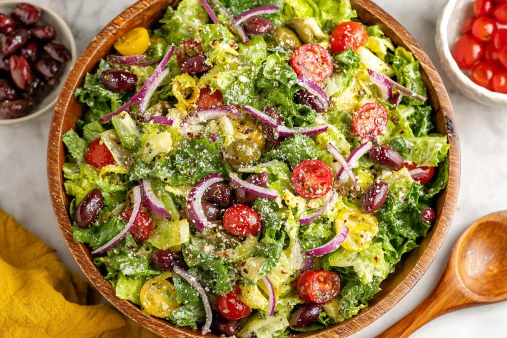 Big Classic Italian Salad piled high in a wooden bowl with crisp romaine, cherry tomatoes, kalamata olives, red onion, pepperoncini, and parmesan.