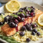 Blueberry Glazed Salmon with Lemon Herb Couscous topped with a glossy blueberry balsamic glaze, served with lemon slices and fresh herbs.