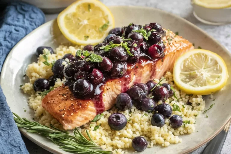 Blueberry Glazed Salmon with Lemon Herb Couscous topped with a glossy blueberry balsamic glaze, served with lemon slices and fresh herbs.