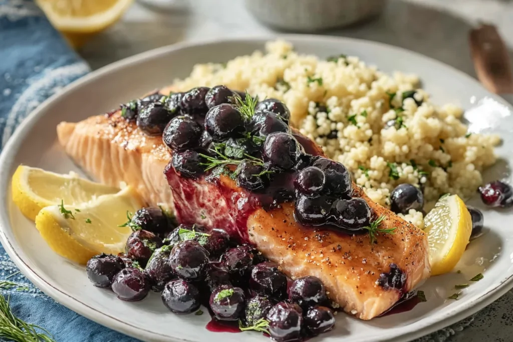 Blueberry Glazed Salmon with Lemon Herb Couscous served on a plate with lemon wedges, topped with chunky blueberry glaze and fresh herbs.