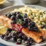 Blueberry Glazed Salmon with Lemon Herb Couscous served on a plate with lemon wedges, topped with chunky blueberry glaze and fresh herbs.