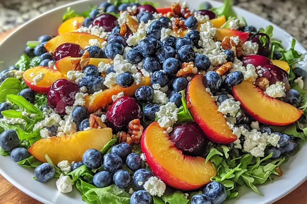 Blueberry Peach Feta Salad in a large bowl with mixed greens, fresh blueberries, juicy peach slices, crumbled feta, and toasted walnuts.