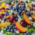 Blueberry Peach Feta Salad in a large bowl with mixed greens, fresh blueberries, juicy peach slices, crumbled feta, and toasted walnuts.
