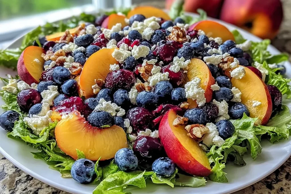Blueberry Peach Feta Salad on mixed greens with fresh blueberries, ripe peach slices, crumbled feta, and toasted walnuts.