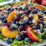 Blueberry Peach Feta Salad on mixed greens with fresh blueberries, ripe peach slices, crumbled feta, and toasted walnuts.