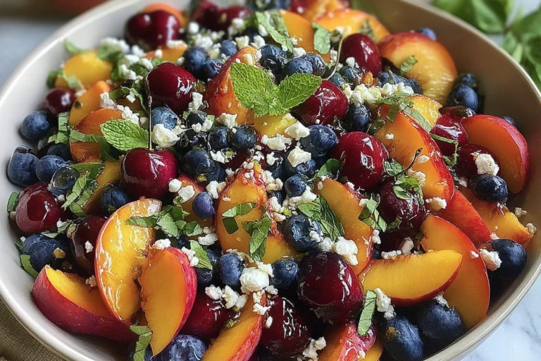 Blueberry Peach Feta Salad with juicy peaches, fresh blueberries, crisp cucumbers, basil, and crumbled feta in a lemon-basil vinaigrette.