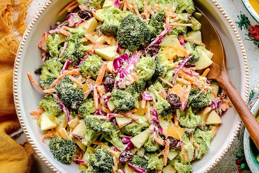 Broccoli Crunch Salad in a large serving bowl with fresh broccoli, apples, carrots, red cabbage, cranberries, and creamy yogurt dressing.