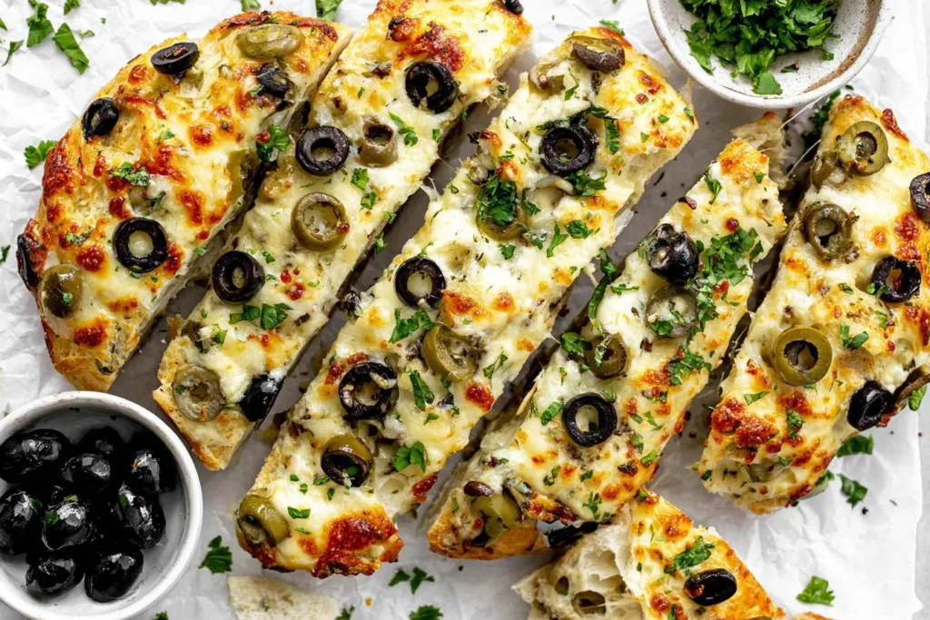 Olive Cheese Bread close-up with bubbly melted cheese, sliced green and black olives, and parsley on toasted French bread.