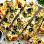 Olive Cheese Bread close-up with bubbly melted cheese, sliced green and black olives, and parsley on toasted French bread.