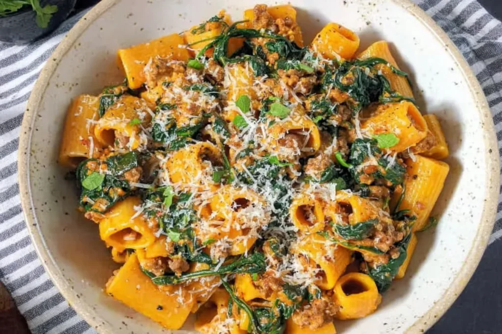 Butternut Squash Pasta with Sausage and Spinach served in a rustic bowl—creamy squash-coated rigatoni with Italian sausage, wilted spinach, and grated Parmesan.