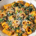 Butternut Squash Pasta with Sausage and Spinach served in a rustic bowl—creamy squash-coated rigatoni with Italian sausage, wilted spinach, and grated Parmesan.