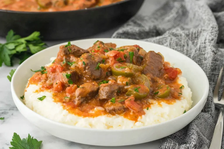 Cajun Grillades and Grits served in a white bowl with tender beef gravy, peppers, tomatoes, and parsley over creamy grits.