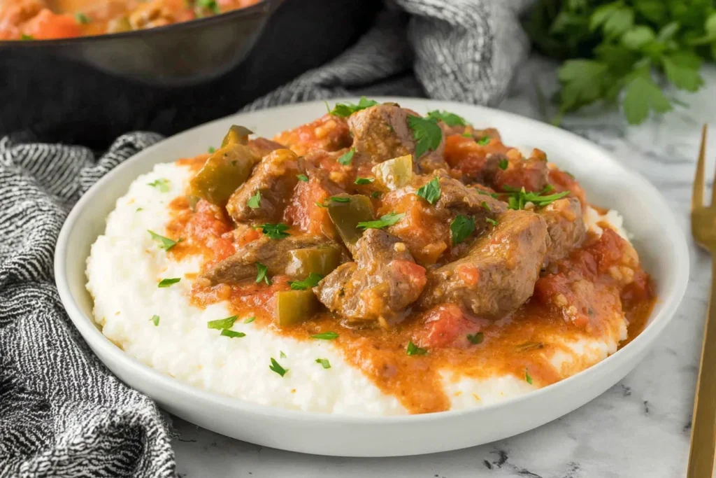 Hearty Grillades and Grits with tender Cajun beef stew, tomatoes, and green peppers spooned over creamy grits, finished with fresh parsley.