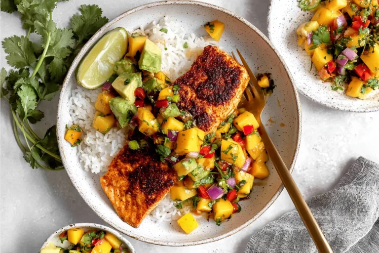 Cajun Salmon with Mango Salsa served over fluffy white rice with avocado, fresh cilantro, and lime wedges in a bright, colorful bowl.