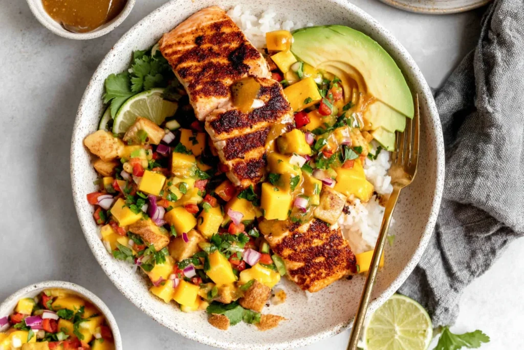 Cajun Salmon with Mango Salsa bowl with blackened salmon, white rice, avocado slices, lime, and fresh mango salsa with cilantro and red onion.