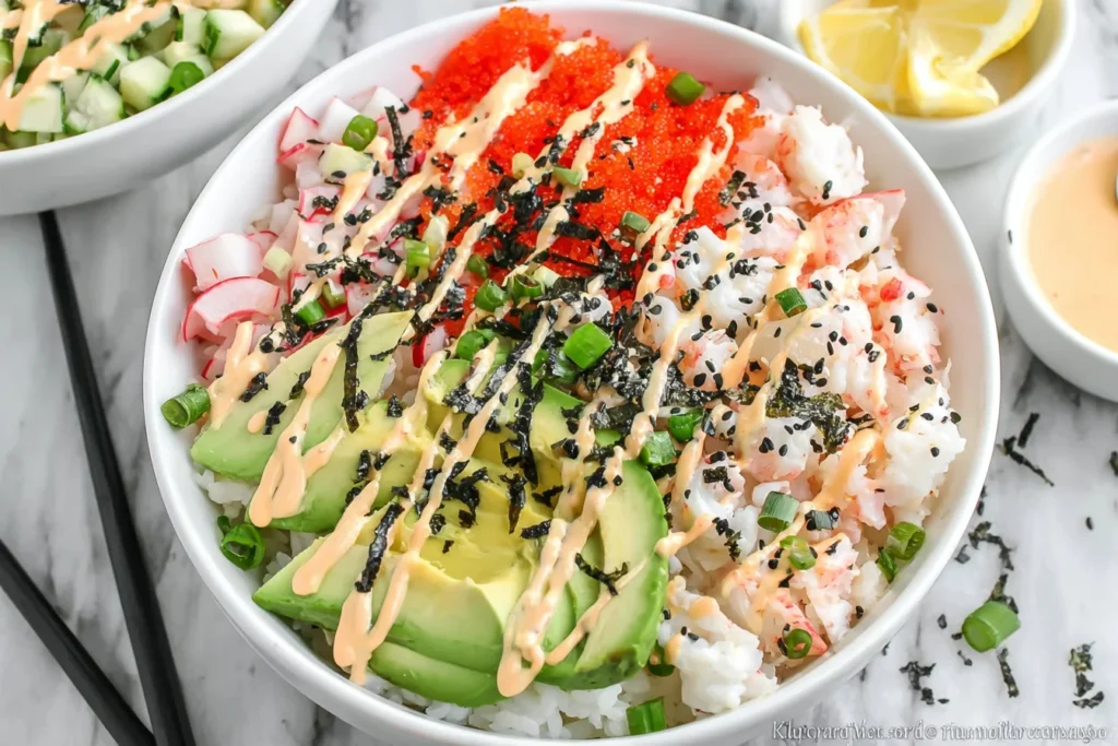 California Roll Sushi Bowls topped with imitation crab, avocado slices, cucumber, nori, sesame seeds, and spicy mayo over sushi rice.