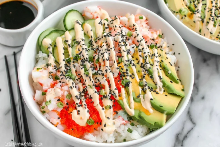 California Roll Sushi Bowls with sushi rice, imitation crab, cucumber, avocado, spicy mayo drizzle, and black sesame seeds.