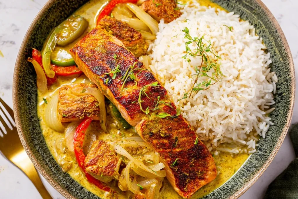 Caribbean-Style Coconut Curry Salmon served with fluffy white rice, sautéed peppers and onions, and creamy coconut curry sauce in a bowl.