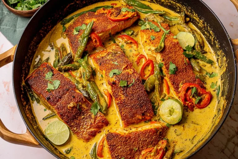 Caribbean-Style Coconut Curry Salmon seared in a skillet with creamy coconut curry sauce, peppers, herbs, and fresh lime wedges.