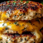 Close-up of Cheddar Ranch Chicken Burgers with melted cheddar cheese and a golden, seasoned chicken patty.