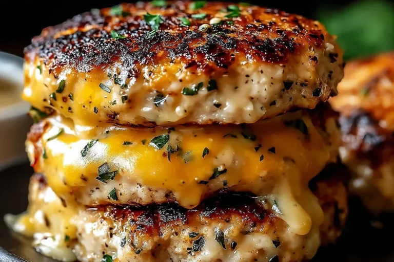 Close-up of Cheddar Ranch Chicken Burgers with melted cheddar cheese and a golden, seasoned chicken patty.