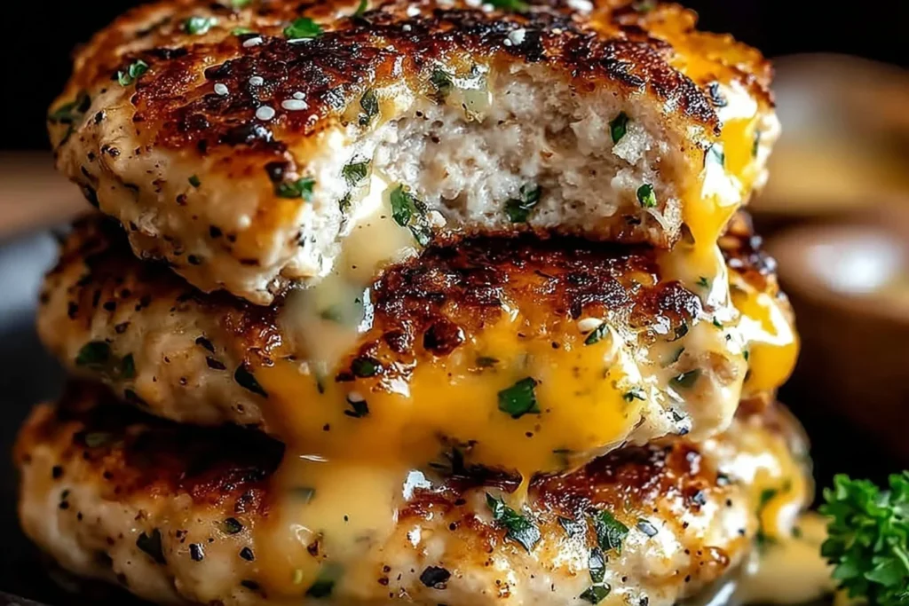 Stack of Cheddar Ranch Chicken Burgers patties with melted cheddar oozing between layers and a juicy bite taken out of the top patty.