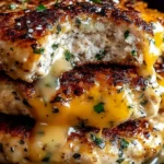 Stack of Cheddar Ranch Chicken Burgers patties with melted cheddar oozing between layers and a juicy bite taken out of the top patty.