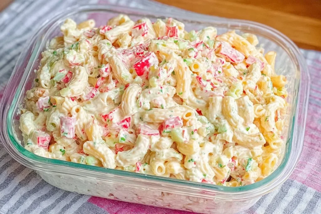 Cheddar Sour Cream Macaroni Salad in a glass dish, creamy pasta salad with crunchy celery, red pepper, and herbs.
