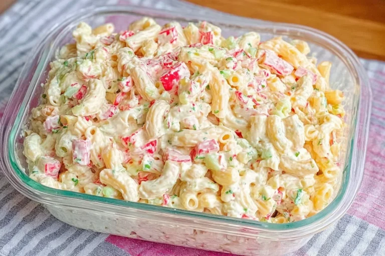 Cheddar Sour Cream Macaroni Salad in a glass dish, creamy pasta salad with crunchy celery, red pepper, and herbs.