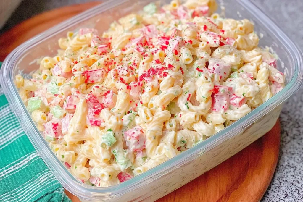 Cheddar Sour Cream Macaroni Salad in a clear container, creamy pasta salad with diced red pepper, celery, and herbs, chilled and ready for potlucks.