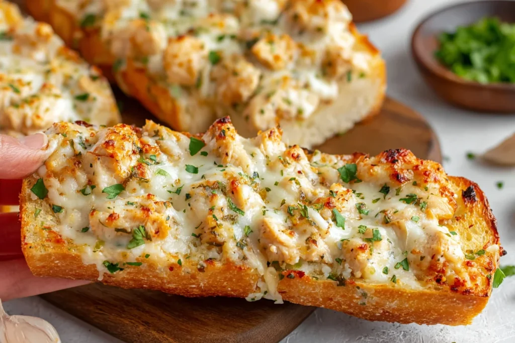 Chicken Alfredo Garlic Bread close-up slice with creamy chicken, melted mozzarella, and parsley on toasted Italian bread.