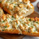 Chicken Alfredo Garlic Bread close-up slice with creamy chicken, melted mozzarella, and parsley on toasted Italian bread.