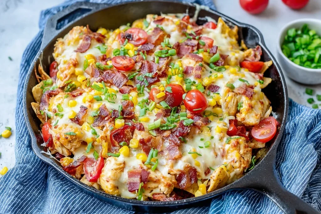 Chicken Nachos Skillet in a cast-iron pan with melted cheddar, seasoned chicken, crispy bacon, corn, cherry tomatoes, and green onions.
