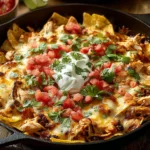 Chicken Tortilla Dump Dinner in a cast-iron skillet with melted cheese, tortilla chips, shredded chicken, pico de gallo, cilantro, and sour cream.