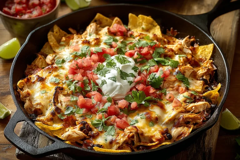 Chicken Tortilla Dump Dinner in a cast-iron skillet with melted cheese, tortilla chips, shredded chicken, pico de gallo, cilantro, and sour cream.