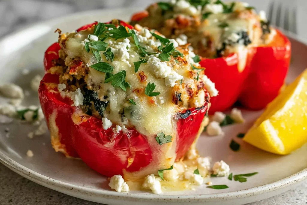 Ground Chicken Greek Stuffed Peppers in a roasted red bell pepper, stuffed with chicken and rice, topped with melted mozzarella, feta, parsley, and served with lemon.
