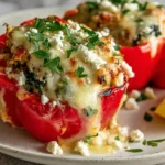 Ground Chicken Greek Stuffed Peppers in a roasted red bell pepper, stuffed with chicken and rice, topped with melted mozzarella, feta, parsley, and served with lemon.