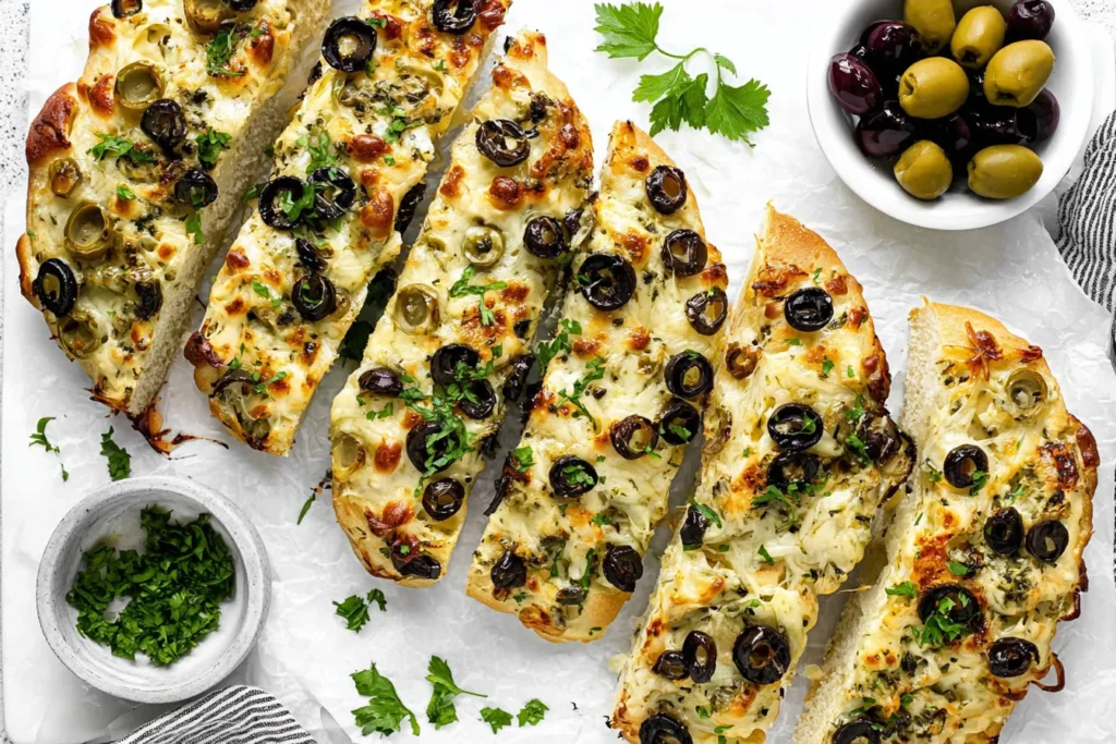 Olive Cheese Bread sliced on a baking sheet with melted Monterey Jack, green and black olives, and fresh parsley garnish.