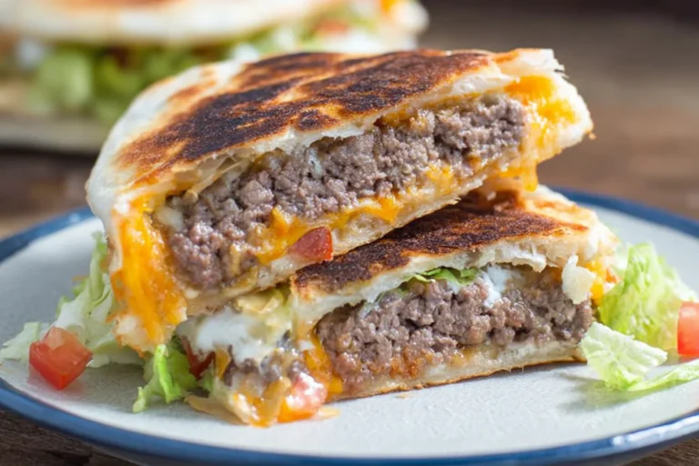 Quesadilla burger cut in half showing juicy ground beef and melted cheese inside a crispy tortilla, served with shredded lettuce.