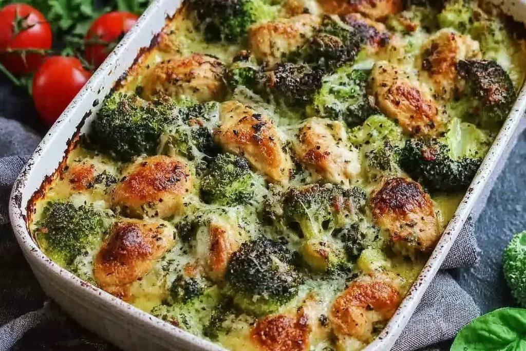 Tuscan Chicken Broccoli Bake bubbling in a casserole dish with golden-browned chicken, tender broccoli, and melty mozzarella.