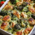 Tuscan Chicken Broccoli Bake bubbling in a casserole dish with golden-browned chicken, tender broccoli, and melty mozzarella.