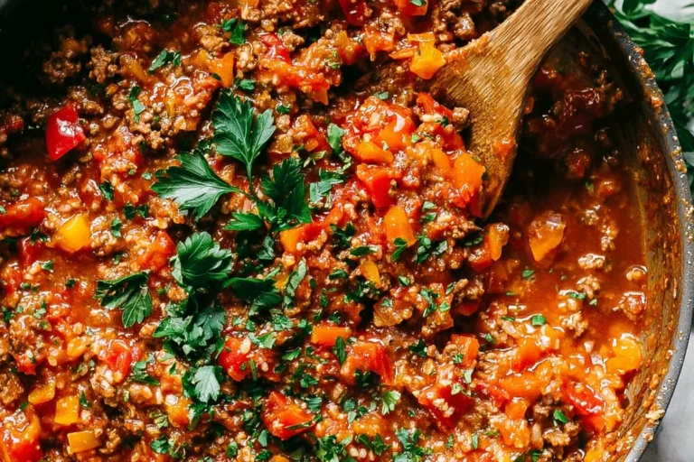 Unstuffed Peppers skillet with ground turkey, bell peppers, onions, and melted cheddar, topped with fresh parsley.