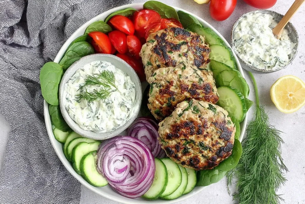 Chicken Burgers with Feta Cheese & Spinach patties served over spinach with tzatziki, sliced cucumber, cherry tomatoes, and red onion.