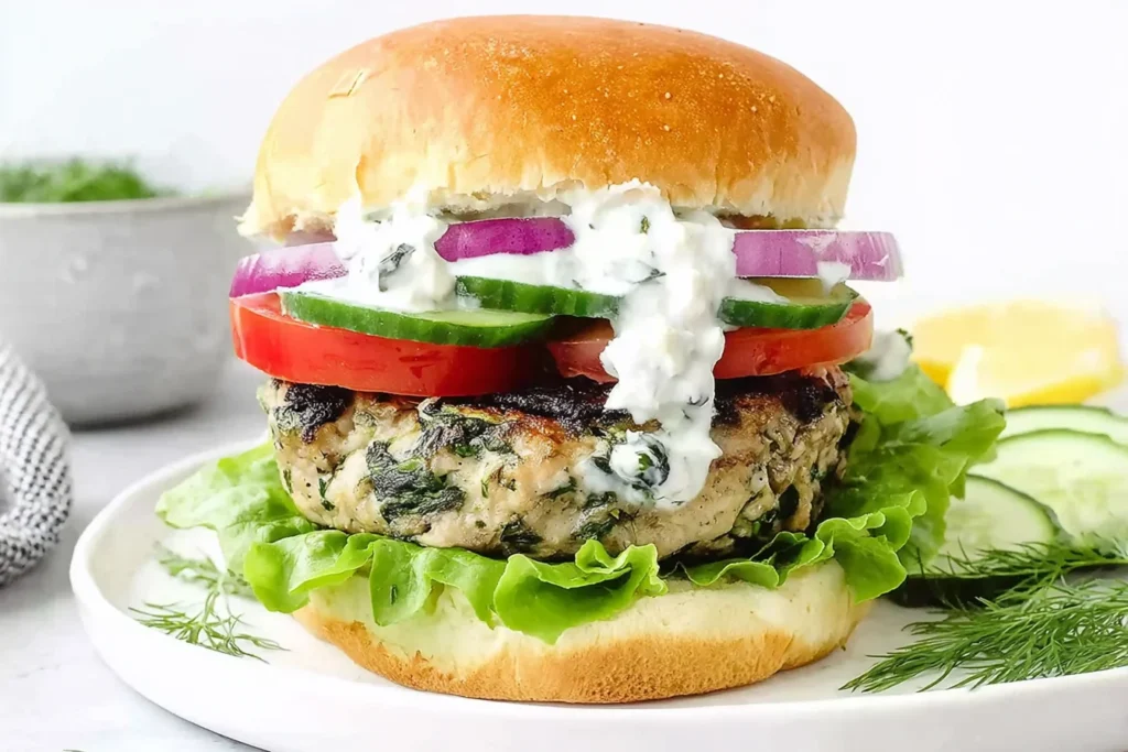 Chicken Burgers with Feta Cheese & Spinach stacked on a brioche bun with lettuce, tomato, cucumber, red onion, and tzatziki sauce.