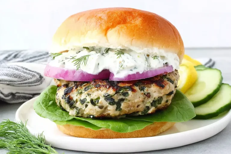 Chicken Burgers with Feta Cheese & Spinach on a brioche bun with tzatziki, red onion, and lettuce on a plate with cucumber slices.