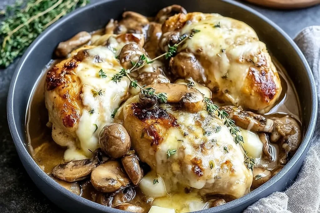 Chicken Madeira in a skillet with creamy Madeira wine sauce, sautéed mushrooms, and melted cheese over golden chicken breasts.