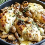 Chicken Madeira in a skillet with creamy Madeira wine sauce, sautéed mushrooms, and melted cheese over golden chicken breasts.