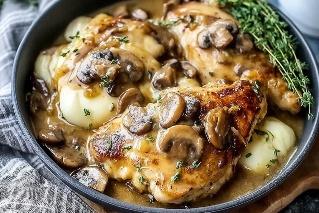 Chicken Madeira smothered in creamy Madeira wine mushroom sauce with tender potatoes and fresh thyme in a skillet.